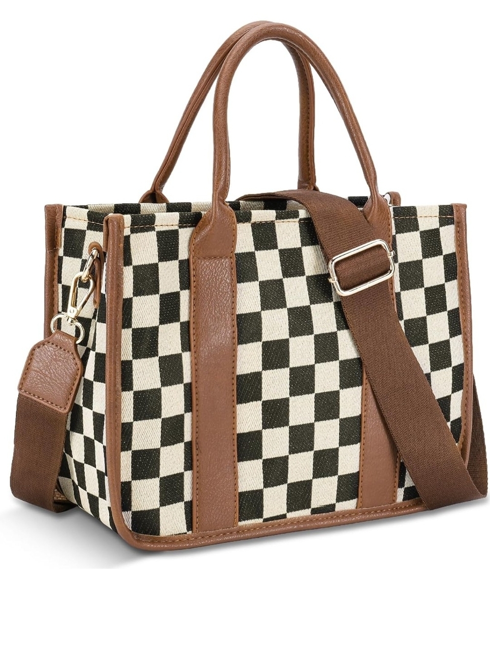 Checked Canvas Tote with Brown Leather Trim